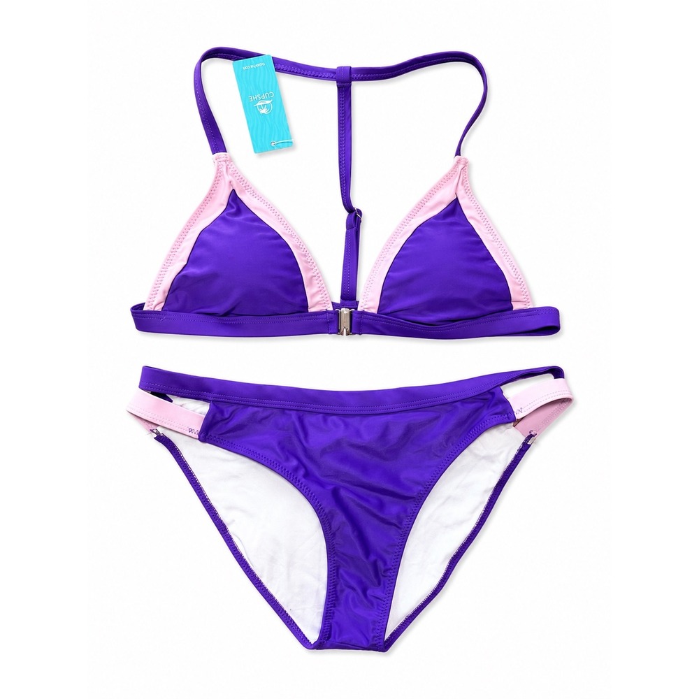 CUPSHE Purple Pink T-Back Triangle Bikini‎ Set Two Piece Swimsuit Womens Size M